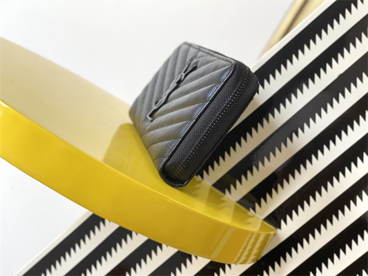 Y.S.L CASSANDRA MATELASS?? ZIP AROUND WALLET IN GRAIN DE POUDRE EMBOSSED LEATHER Black Color Black Tone Metal