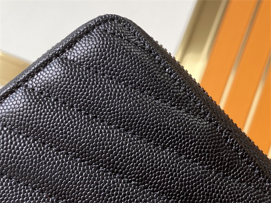 Y.S.L CASSANDRA MATELASS?? ZIP AROUND WALLET IN GRAIN DE POUDRE EMBOSSED LEATHER Black Color Black Tone Metal