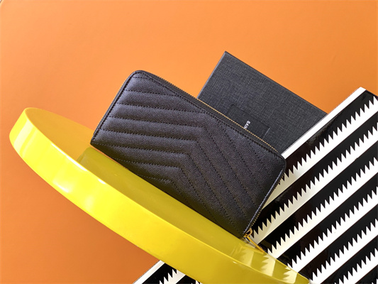 Y.S.L CASSANDRA MATELASS?? ZIP AROUND WALLET IN GRAIN DE POUDRE EMBOSSED LEATHER Black Color Gold Tone Metal