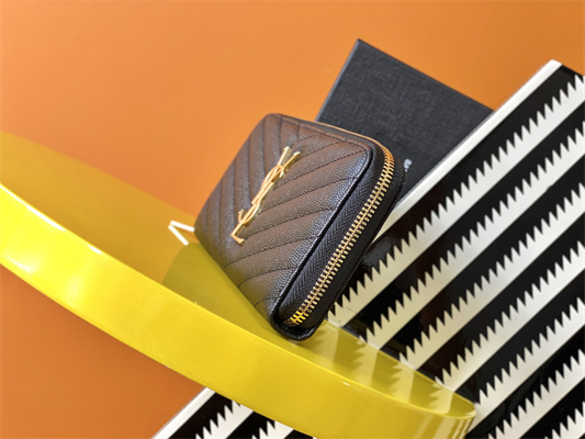 Y.S.L CASSANDRA MATELASS?? ZIP AROUND WALLET IN GRAIN DE POUDRE EMBOSSED LEATHER Black Color Gold Tone Metal