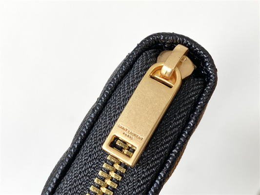 Y.S.L CASSANDRA MATELASS?? ZIP AROUND WALLET IN GRAIN DE POUDRE EMBOSSED LEATHER Black Color Gold Tone Metal