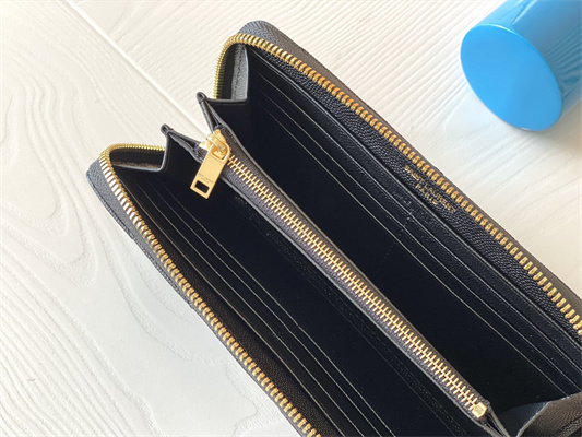 Y.S.L CASSANDRA MATELASS?? ZIP AROUND WALLET IN GRAIN DE POUDRE EMBOSSED LEATHER Black Color Gold Tone Metal