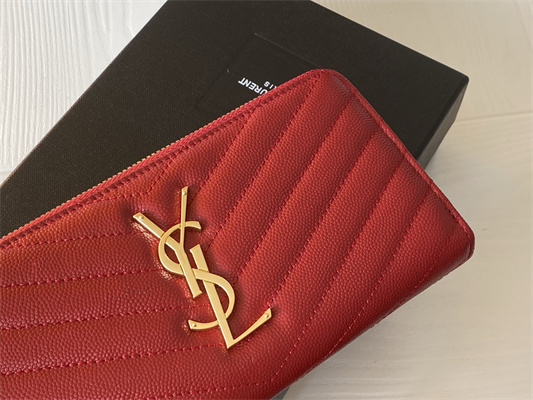 Y.S.L CASSANDRA MATELASS?? ZIP AROUND WALLET IN GRAIN DE POUDRE EMBOSSED LEATHER Red Color Gold Tone Metal