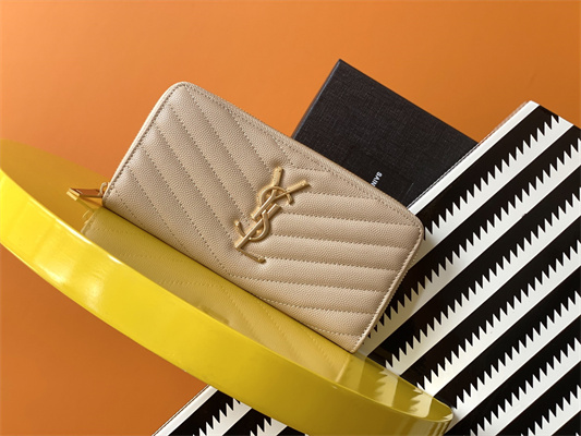 Y.S.L CASSANDRA MATELASS?? ZIP AROUND WALLET IN GRAIN DE POUDRE EMBOSSED LEATHER Beige Color Gold Tone Metal