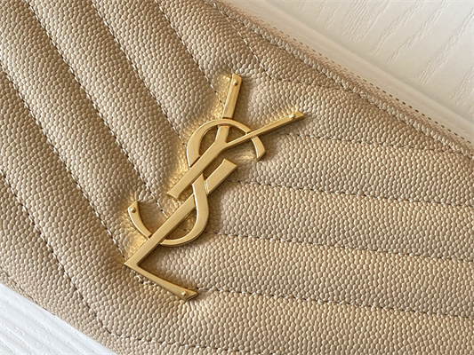 Y.S.L CASSANDRA MATELASS?? ZIP AROUND WALLET IN GRAIN DE POUDRE EMBOSSED LEATHER Beige Color Gold Tone Metal