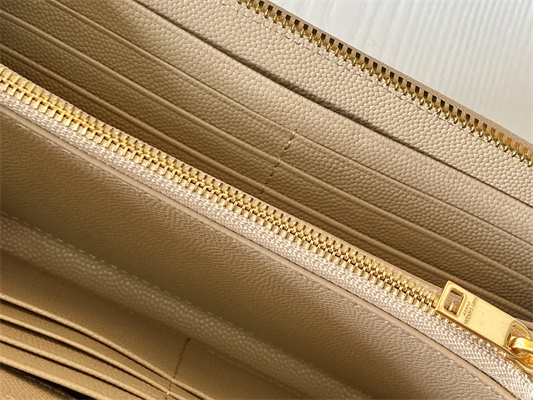 Y.S.L CASSANDRA MATELASS?? ZIP AROUND WALLET IN GRAIN DE POUDRE EMBOSSED LEATHER Beige Color Gold Tone Metal