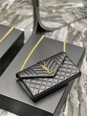 Y.S.L CASSANDRA CHAIN WALLET IN QUILTED LEATHER Black Color Gold Tone Metal