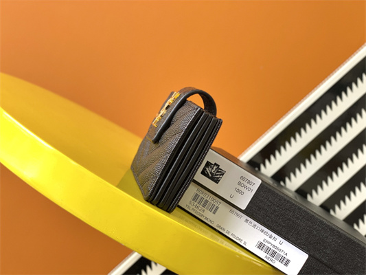 Y.S.L MONOGRAM BUSINESS CARD CASE IN GRAIN DE POUDRE EMBOSSED LEATHER Black Color Gold Tone Metal