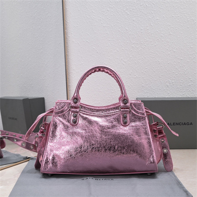 Women’s NEO Cagole City Small Handbag In Metallized Arena Lambskin Pink Color