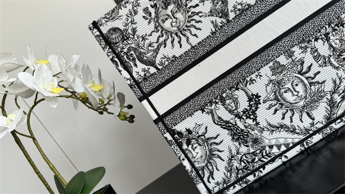 CD Large Book Tote White and Black Toile de Jouy Solei Embroidery