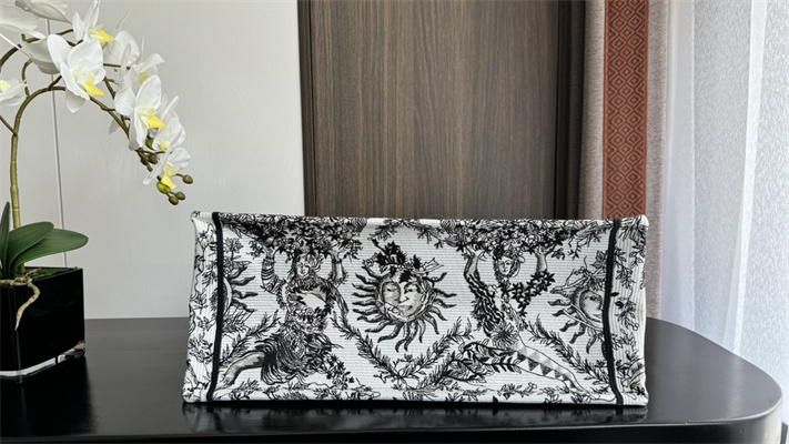 CD Large Book Tote White and Black Toile de Jouy Solei Embroidery