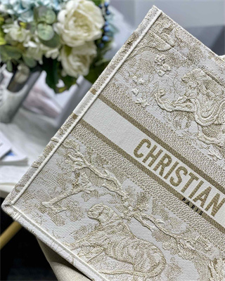 CD Large Book Tote Toile de Jouy Embroidery White and Gold Tone