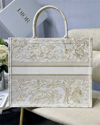 CD Large Book Tote Toile de Jouy Embroidery White and Gold Tone