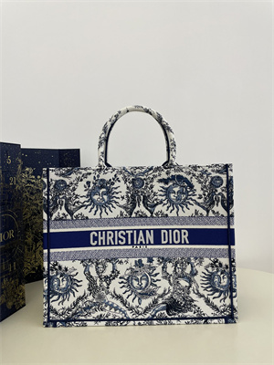 CD Large Book Tote White and Navy Toile de Jouy Solei Embroidery