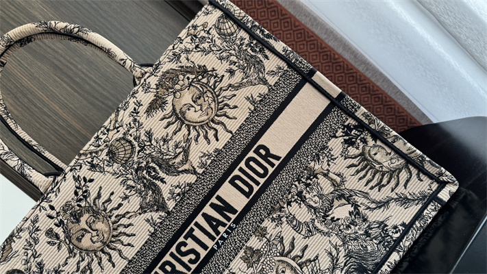 CD Large Book Tote Beige and Black Toile de Jouy Solei Embroidery