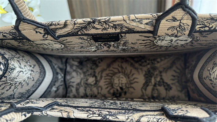 CD Large Book Tote Beige and Black Toile de Jouy Solei Embroidery