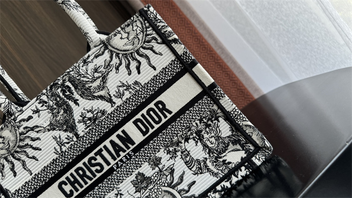 CD Small Book Tote White and Black Toile de Jouy Solei Embroidery