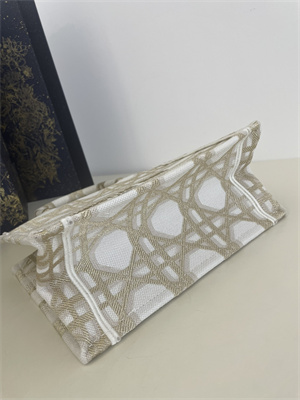 CD Small Book Tote White and Gold Tone Macrocannage Embroidery