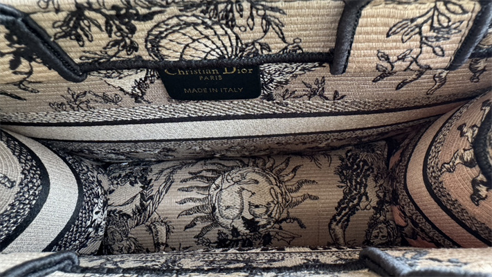 CD Small Book Tote Beige and Black Toile de Jouy Solei Embroidery