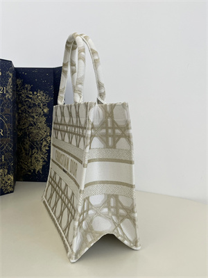 CD Medium Book Tote White and Gold Tone Macrocannage Embroidery