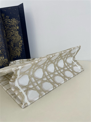 CD Medium Book Tote White and Gold Tone Macrocannage Embroidery