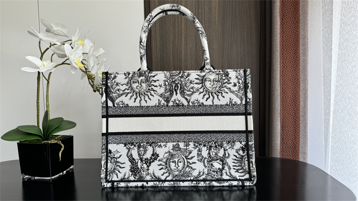 CD Medium Book Tote White and Black Toile de Jouy Solei Embroidery