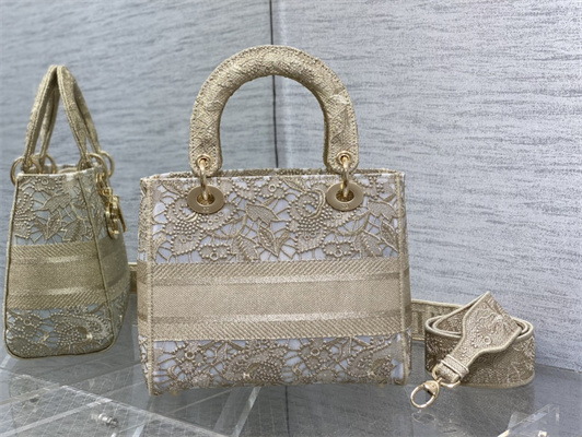 CD Medium Lady Di.or D-Lite Bag Gold D-Lace Macram?? Embroidery
