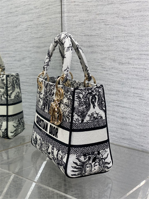 CD Medium Lady Di.or D-Lite Bag White and Black Toile de Jouy Solei Embroidery