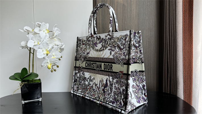 CD Large Book Tote Ecru Multicolor Di.or 4 Saisons Hiver Soleil Embroidery