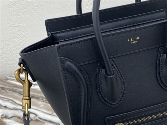 Celine Nano Luggage Bag In Black Smooth Calfskin Gold Tone Metal