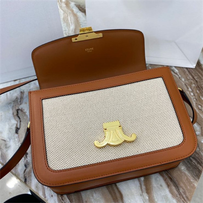 Celine Classique Triomphe Bag In Textile and Calfskin Nature/Tan