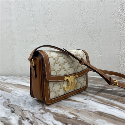 Celine Teen Triomphe Bag In Triomphe Canvas and Calfskin White