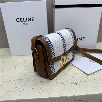 Celine Teen Triomphe Bag In Textile  and Calfskin White Blue/Tan
