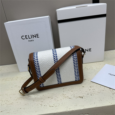 Celine Teen Triomphe Bag In Textile  and Calfskin White Blue/Tan