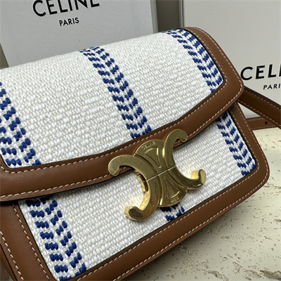 Celine Teen Triomphe Bag In Textile  and Calfskin White Blue/Tan