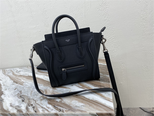 Celine Nano Luggage Bag In Black Drummed Calfskin Silver Tone Metal