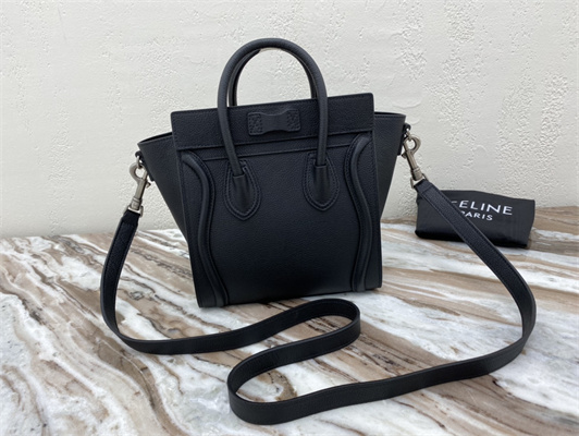 Celine Nano Luggage Bag In Black Drummed Calfskin Silver Tone Metal