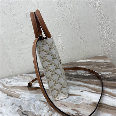 Celine Mini Vertical Cabas In Triomphe Canvas And Calfskin With Celine Print White