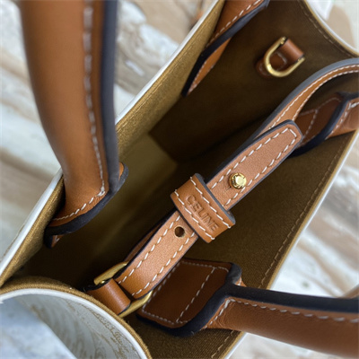 Celine Mini Vertical Cabas In Triomphe Canvas And Calfskin With Celine Print White