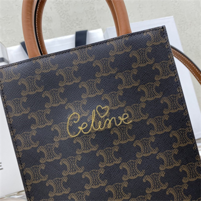 Celine Mini Vertical Cabas In Triomphe Canvas And Calfskin Tan With Celine Emb