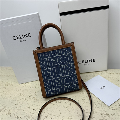 Celine Mini Vertical Cabas In Denim With  Celine All Over Print Navy/Tan