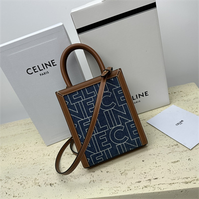 Celine Mini Vertical Cabas In Denim With  Celine All Over Print Navy/Tan