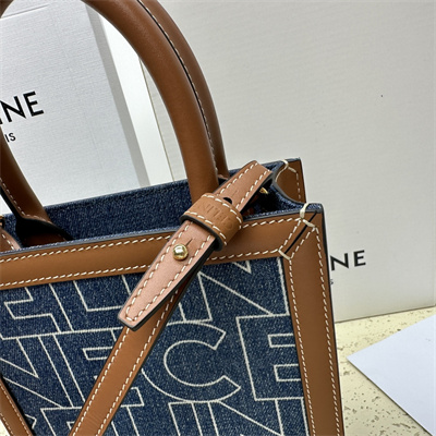 Celine Mini Vertical Cabas In Denim With  Celine All Over Print Navy/Tan