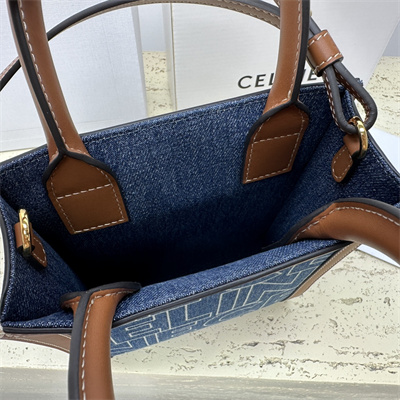 Celine Mini Vertical Cabas In Denim With  Celine All Over Print Navy/Tan
