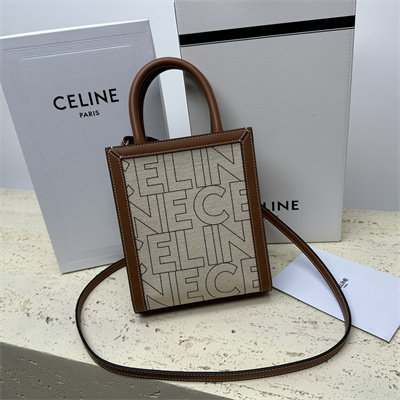 Celine Mini Vertical Cabas In Textile With  Celine All Over Print Nature/Tan