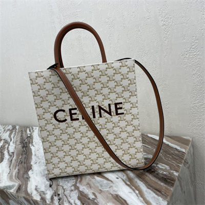 Celine Small Vertical Cabas In Triomphe Canvas And Calfskin With Celine Print White