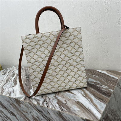 Celine Small Vertical Cabas In Triomphe Canvas And Calfskin With Celine Print White