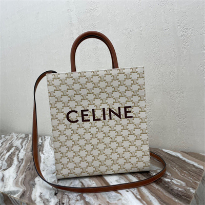 Celine Small Vertical Cabas In Triomphe Canvas And Calfskin With Celine Print White