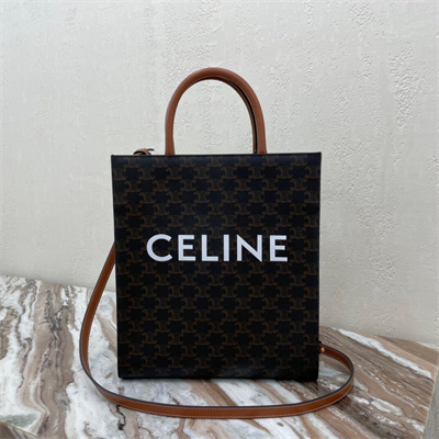 Celine Small Vertical Cabas In Triomphe Canvas And Calfskin With Celine Print Tan