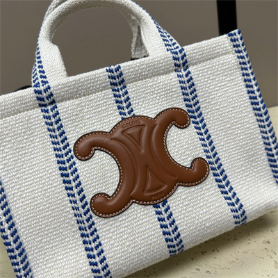 Celine Small Cabas Thais In Striped Textile And Calfskin Blue/White